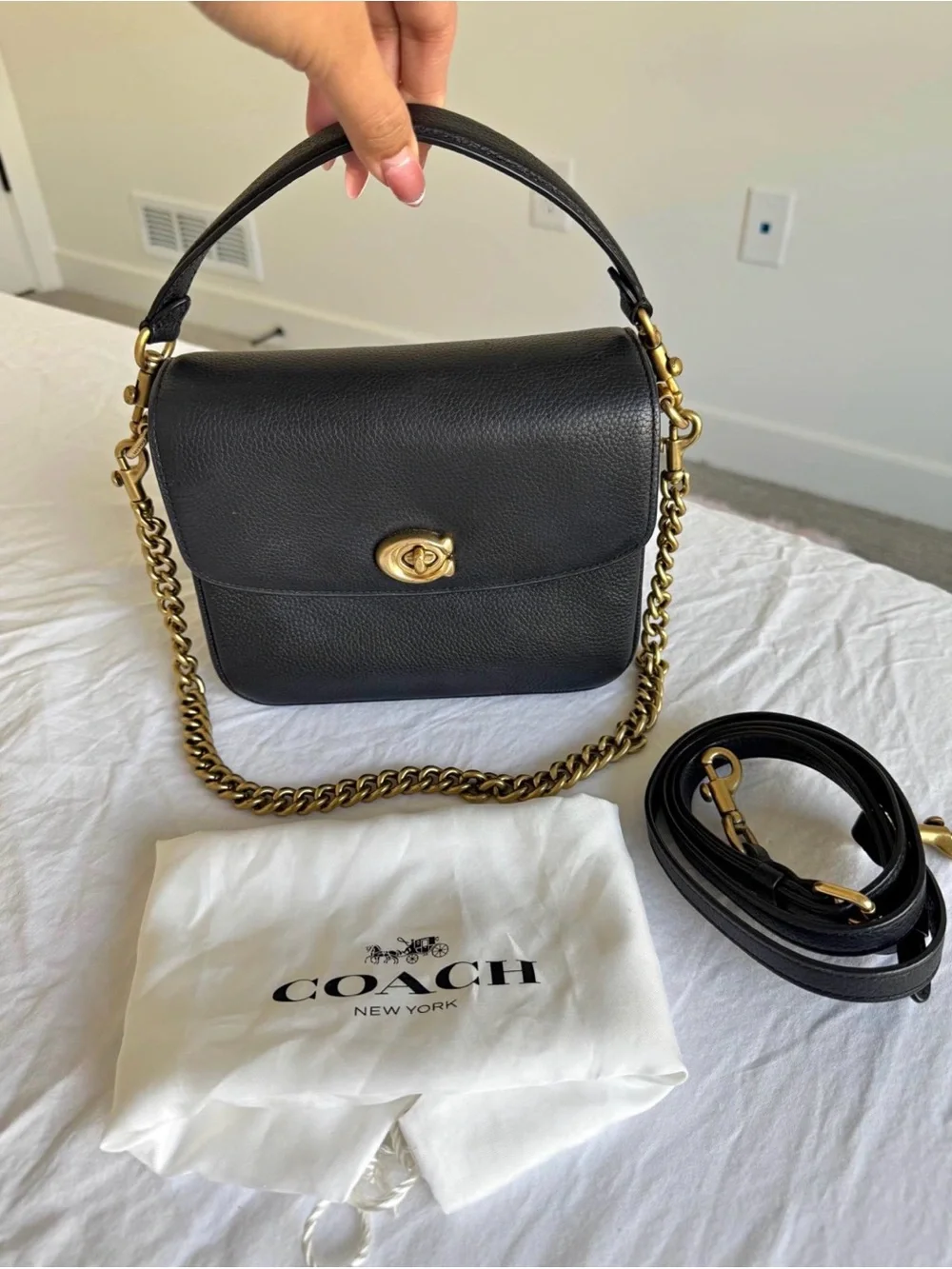 Coach Cassie 19 bag Black Pebbled Leather purse 3 strap optional Gold Chain
